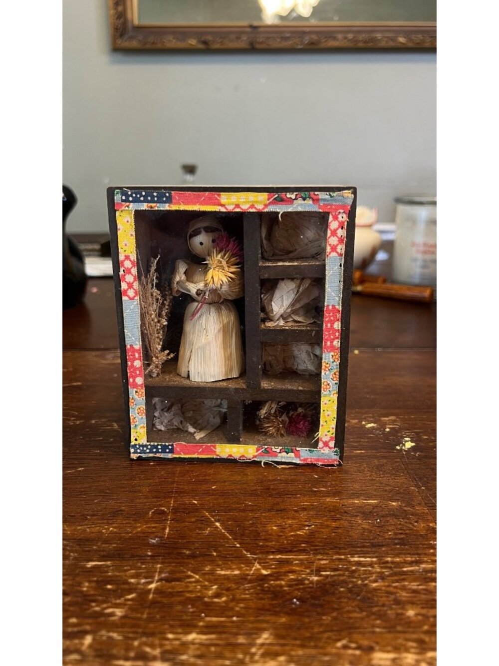 Vintage Miniature Shadow Box With Corn Husk Doll Dried Flowers Display 70’s retr